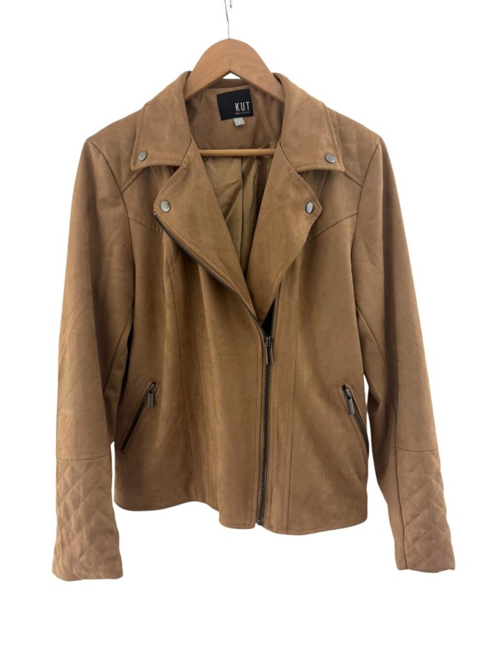 KUT from the Kloth Marlowe Faux Suede Moto Jacket Brown Tan XL Coat Zip Biker - Picture 2 of 13